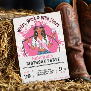 Invitation Fête d'anniversaire de cowgirl Fouets Vin & Moment