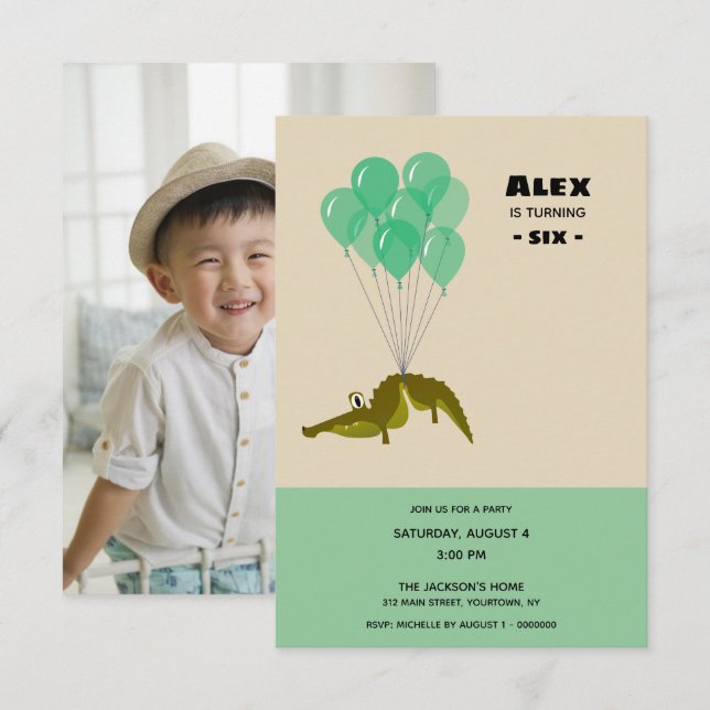 Invitation Fête d'anniversaire de crocodile avec photo sur le (Devant / Derrière)