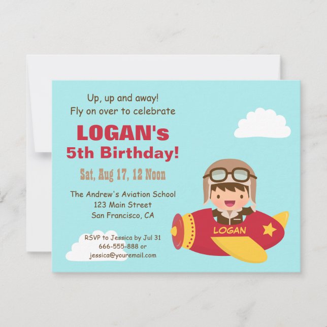Invitation Fête d'anniversaire de Cute Aviator Boy (Devant)