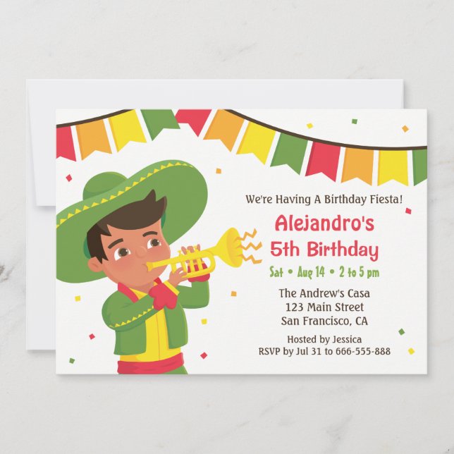 Invitation Fête d'anniversaire de Cute Boy et Trumpet au Mexi (Devant)