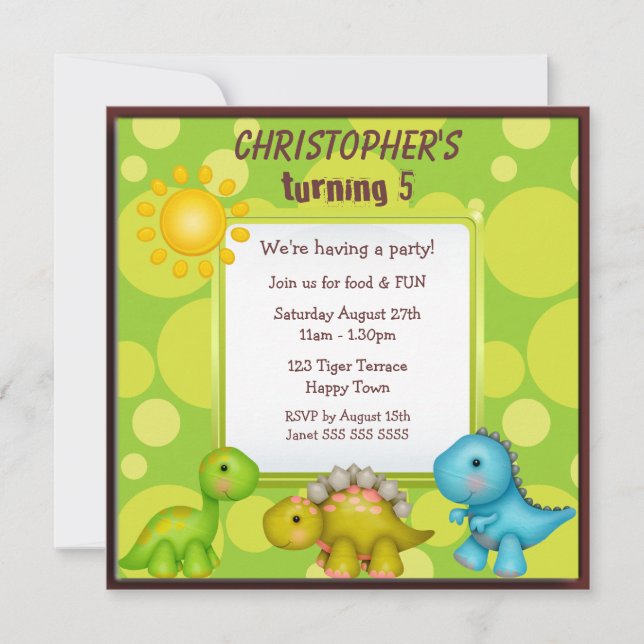 Invitation Fête d'anniversaire de Cute Dinosaurs (Devant)