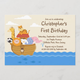 Invitation Fête d'anniversaire de Cute Noah's Ark Baby Animal
