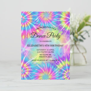Invitation Fête d'anniversaire de danse Tie Dye Glow Danse Di
