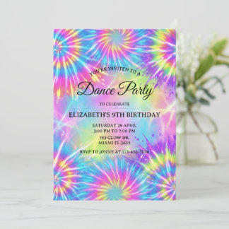 Invitation Fête d'anniversaire de danse Tie Dye Glow Danse Di