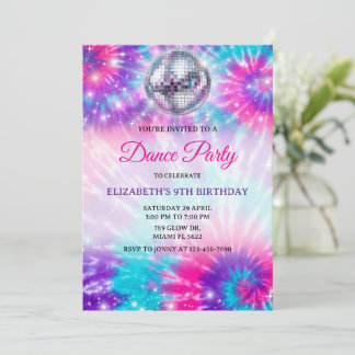 Invitation Fête d'anniversaire de danse Tie Dye Glow Danse Di