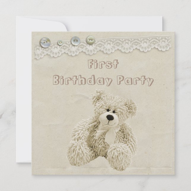 Invitation Fête d'anniversaire de dentelle vintage d'ours de (Devant)