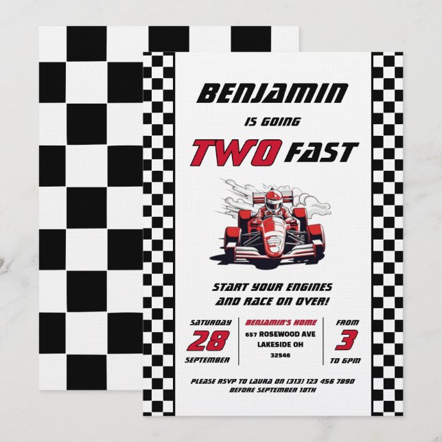 Invitation Fête d'anniversaire de deux voitures de course rap (Devant / Derrière)