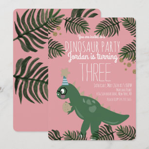 Invitation Fête d'anniversaire de dinosaure cool fille confet