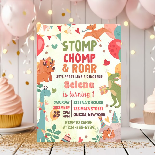 Invitation Fête d'anniversaire de dinosaure Stomp Chomp And R (Créateur téléchargé)