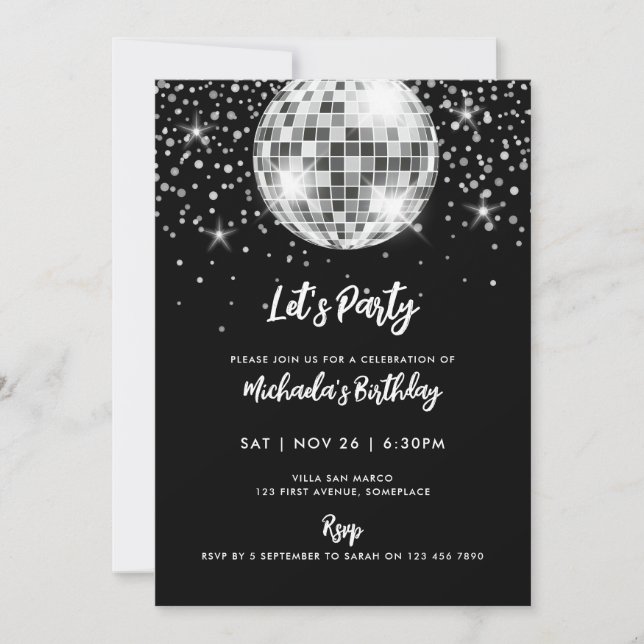 Invitation Fête d'anniversaire de Disco Ball moderne (Devant)