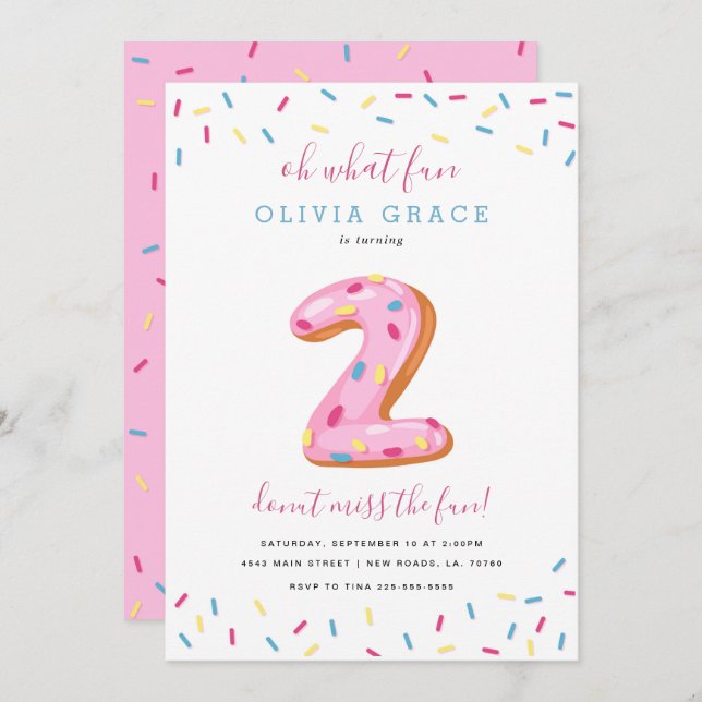 Invitation Fête d'anniversaire de Donut | Deux (Devant / Derrière)