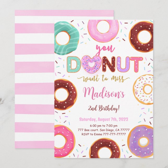 Invitation Fête d'anniversaire de Donut modifiable (Devant / Derrière)