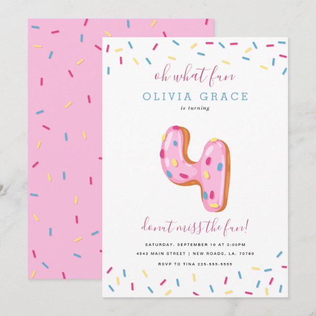 Invitation Fête d'anniversaire de Donut | Quatre (Devant / Derrière)
