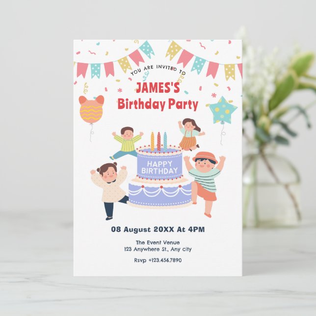 Invitation Fête d'anniversaire de enfant coloré (Debout devant)