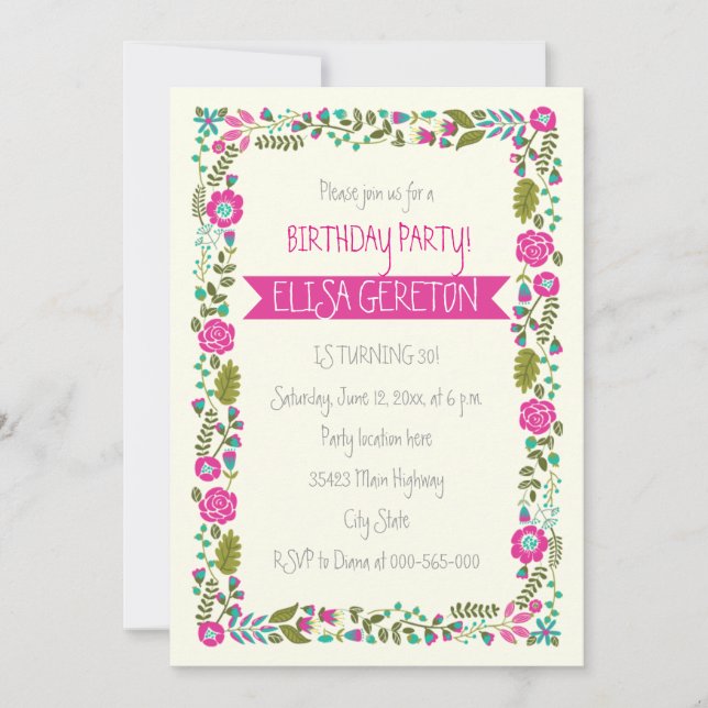 Invitation Fête d'anniversaire de femme à la frontière fleuri (Devant)