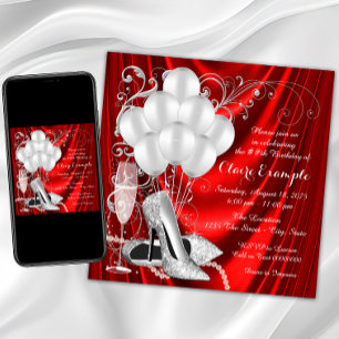 Invitation Fête d'anniversaire de femme Luxe rouge et argent
