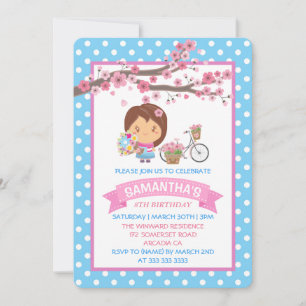 Invitation Fête d'anniversaire de fille aux cerisiers en fleu