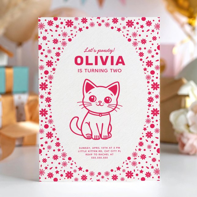 Invitation Fête d'anniversaire de fille avec chaton de couleu (Créateur téléchargé)