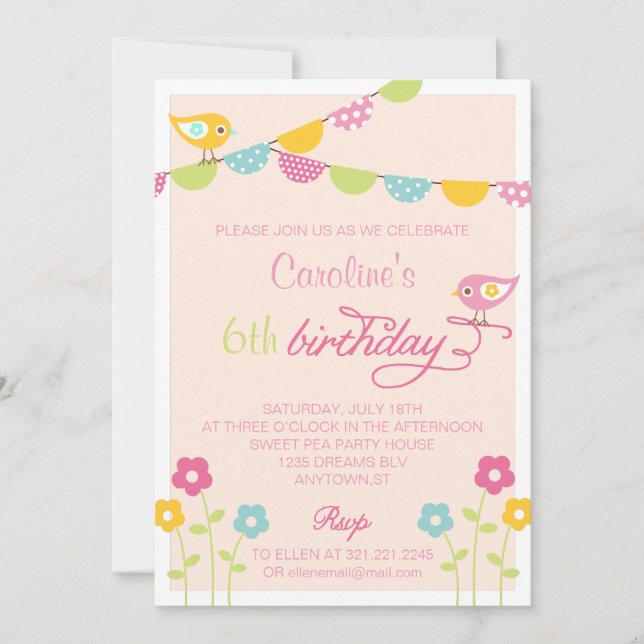 Invitation Fête d'anniversaire de fille de fleurs et de (Devant)