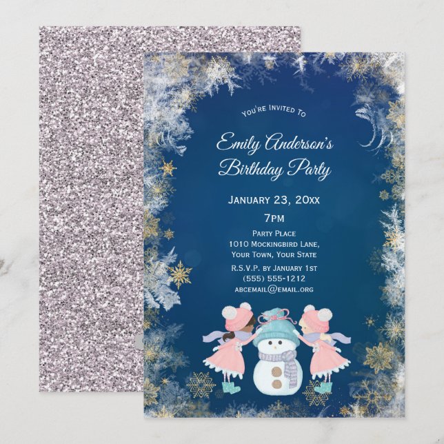 Invitation Fête d'anniversaire de fille de flocon de neige (Devant / Derrière)