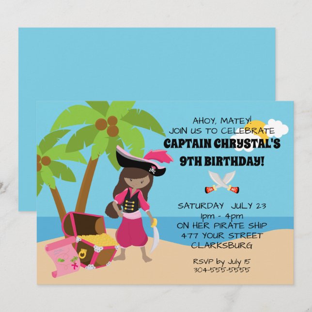 Invitation Fête d'anniversaire de fille de pirate (Devant / Derrière)