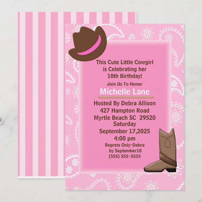 Invitation Fête d'anniversaire de fille de vache rose Bandana (Devant / Derrière)
