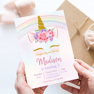 Invitation Fête d'anniversaire de fille Licorne Arc-en-ciel