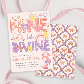 Invitation Fête d'anniversaire de fille, neuf ans est divin