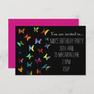 Invitation Fête d'anniversaire de fille papillon rose coloré
