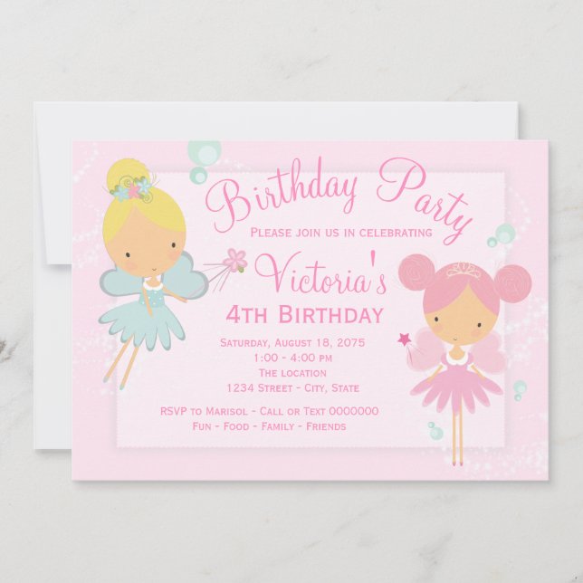 Invitation Fête d'anniversaire de fille princesse fée rose sa (Devant)