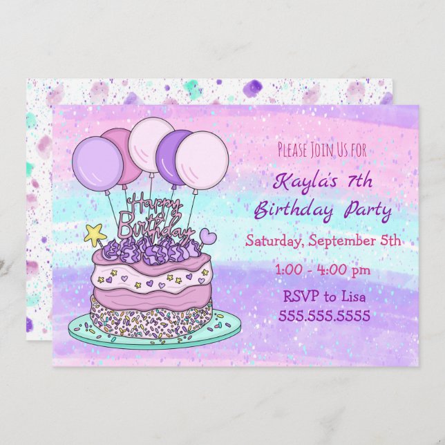 Invitation Fête d'anniversaire de fille rose et violet (Devant / Derrière)