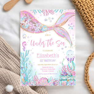 Invitation Fête d'anniversaire de fille sirène sous la mer