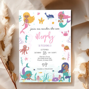 Invitation Fête d'anniversaire de fille sirène sous la mer