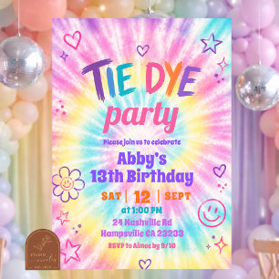 Invitation Fête d'anniversaire de fille tie-dye colorée d'été