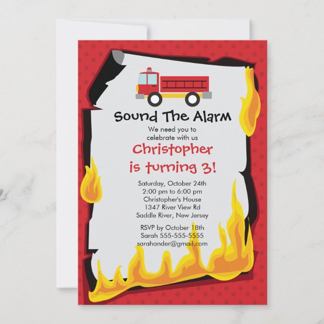 Invitation Fête d'anniversaire de Fireman Boys Firetruck (Devant)