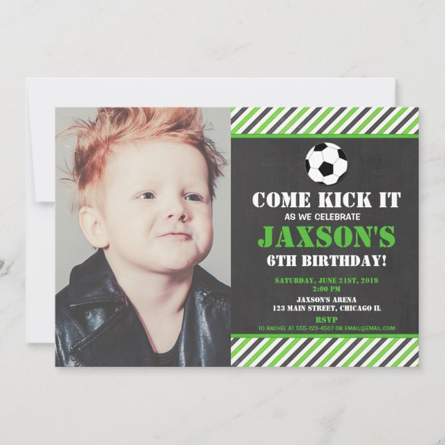 Invitation Fête d'anniversaire de football - photo noire vert (Devant)