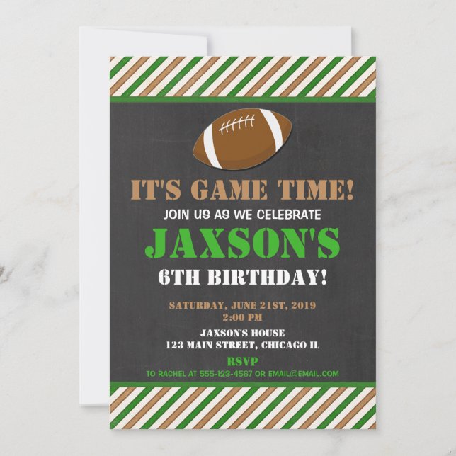Invitation Fête d'anniversaire de football vert noir Chalkboa (Devant)