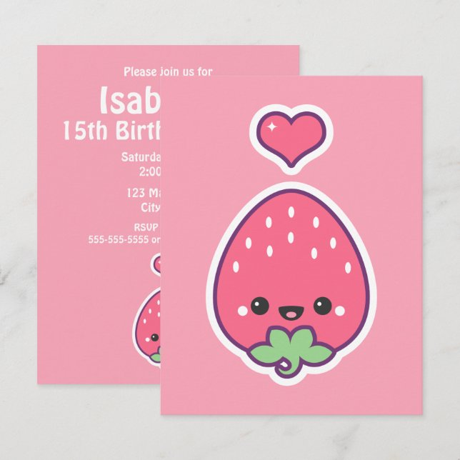 Invitation Fête d'anniversaire de fraise de Kawaii Invitaions (Devant / Derrière)