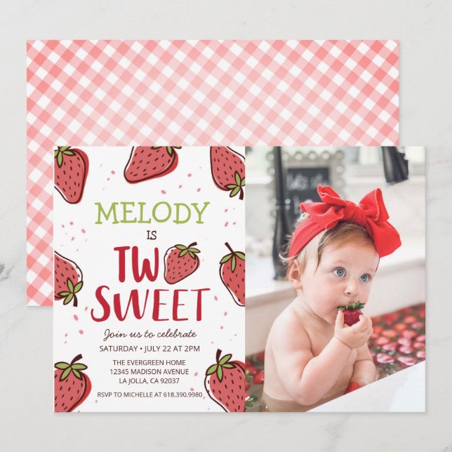Invitation Fête d'anniversaire de fraise ・ Deux doux invitati (Devant / Derrière)