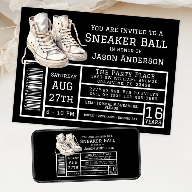 Invitation Fête d'anniversaire de garçon avec ballon de baske (Sneaker ball invitation with hightop sneakers shoe box label style. For instant download and print.)