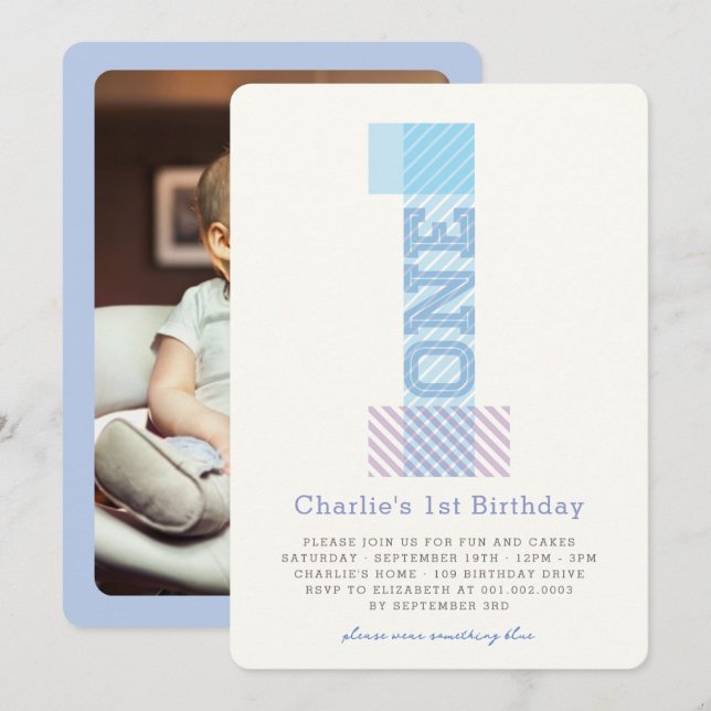 Invitation Fête d'anniversaire de garçon bébé rayures grand n (Devant / Derrière)