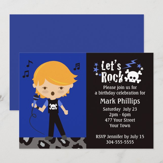 Invitation Fête d'anniversaire de garçon de vedette du rock (Devant / Derrière)