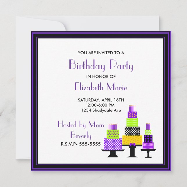 Invitation Fête d'anniversaire de gâteaux de pourpre et de (Devant)