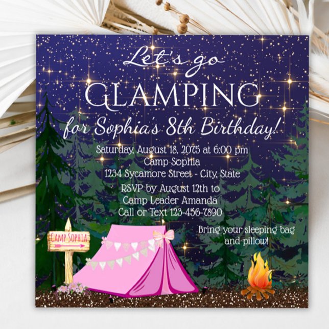 Invitation Fête d'anniversaire de glamping pour filles (Glamping invitation with cute tent and campfire. Glamping invitation for any event. )