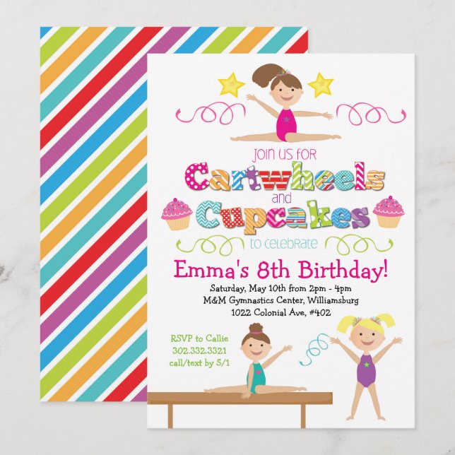 Invitation Fête d'anniversaire de gymnastique de roues et de (Devant / Derrière)