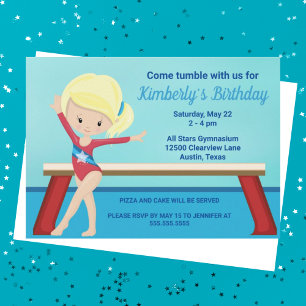 Invitation Fête d'anniversaire de gymnastique pour filles blo