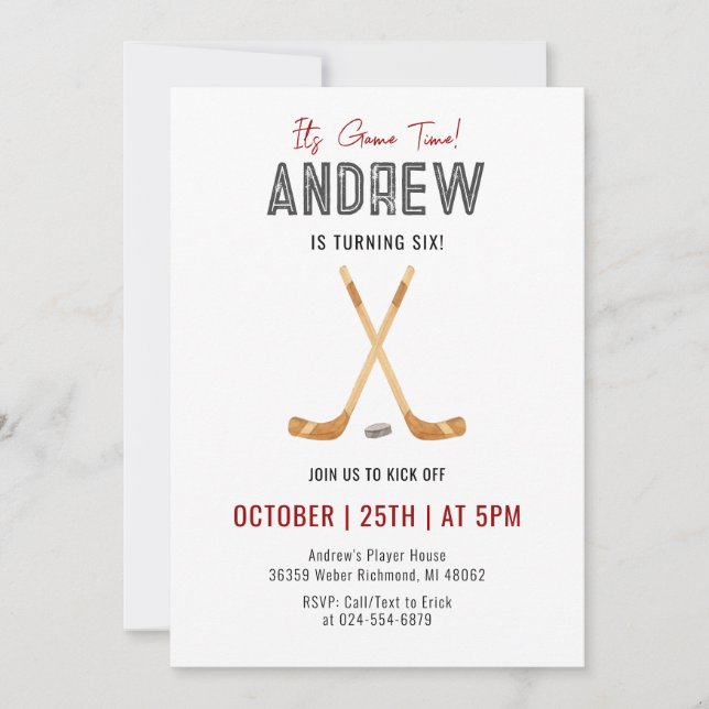 Invitation Fête d'anniversaire de hockey sur aquarelle person (Devant)