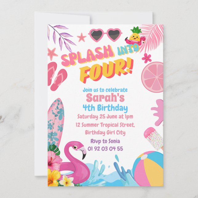 Invitation Fête d'anniversaire de la 4ème piscine rétro (Devant)