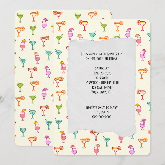 Invitation Fête d'anniversaire de la collection de cocktails  (Devant / Derrière)