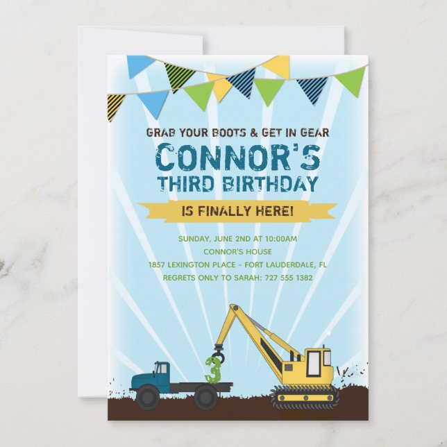 Invitation Fête d'anniversaire de la construction de camions  (Devant)